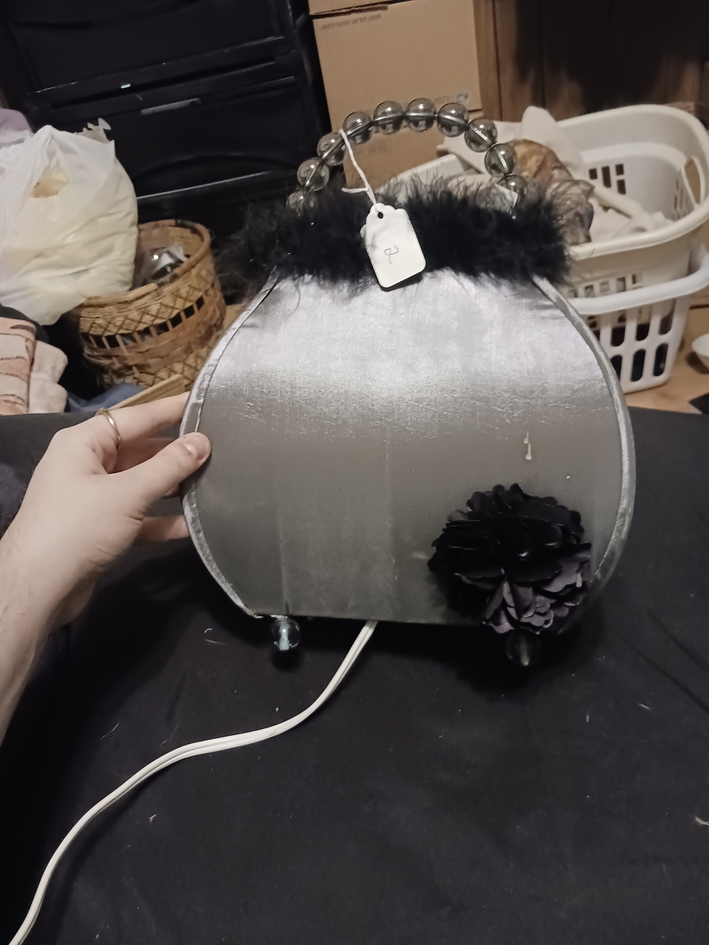 Silver Velvet Round Evening Bag with Black Feather Trim